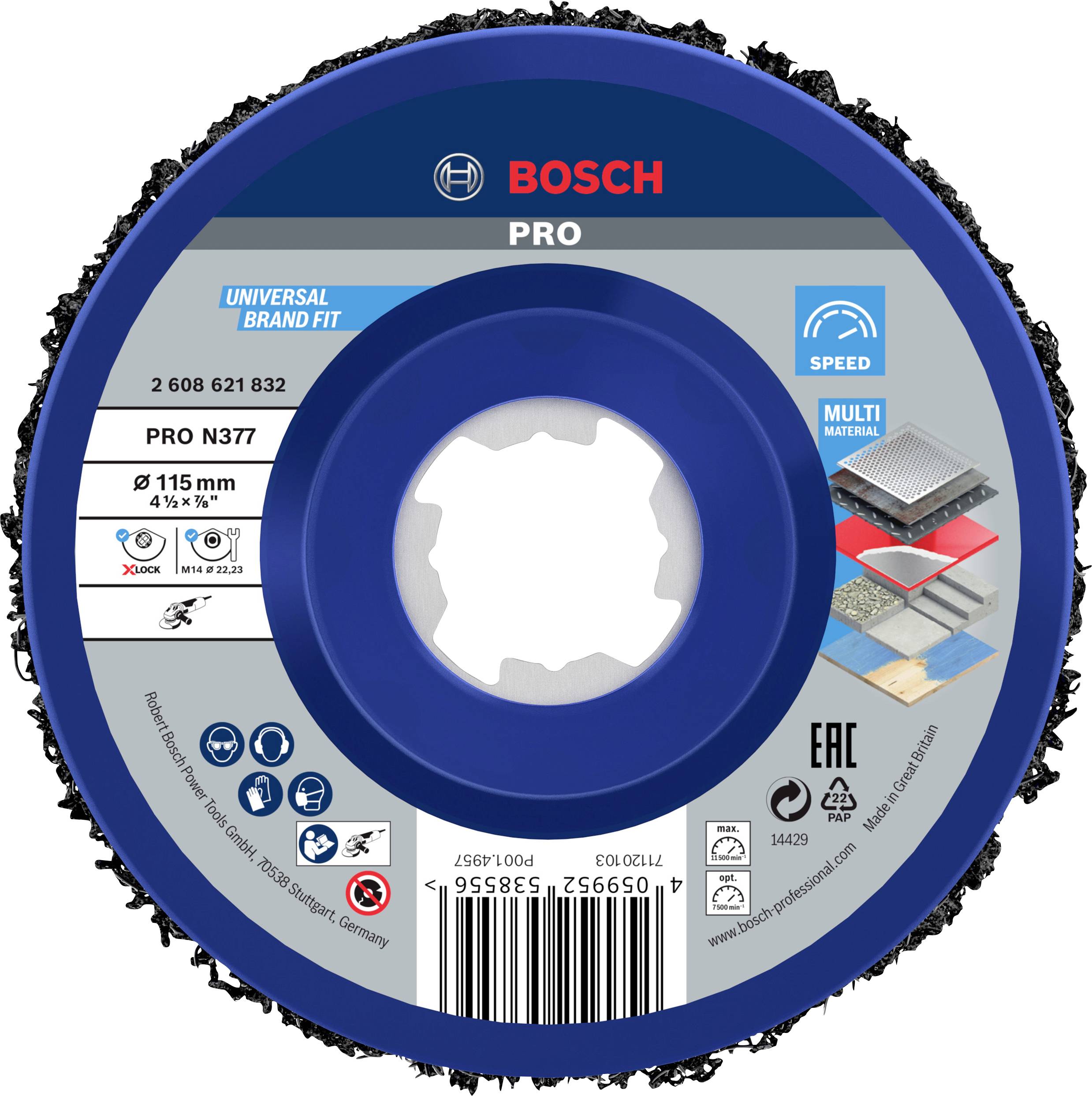 Schleifscheibe von Bosch, Durchmesser 115 mm, geeignet für verschiedene Materialien. Enthält Symbole für Sicherheit und Kompatibilität.
