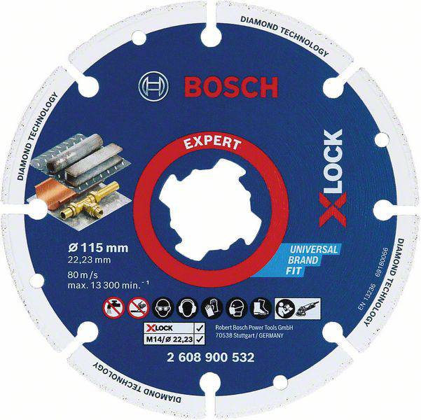 Bosch Diamanttrennscheibe, blau-weiß, für 115 mm, 22,23 mm Bohrung, geeignet für Metall, Universal Brand Fit, X-LOCK System.