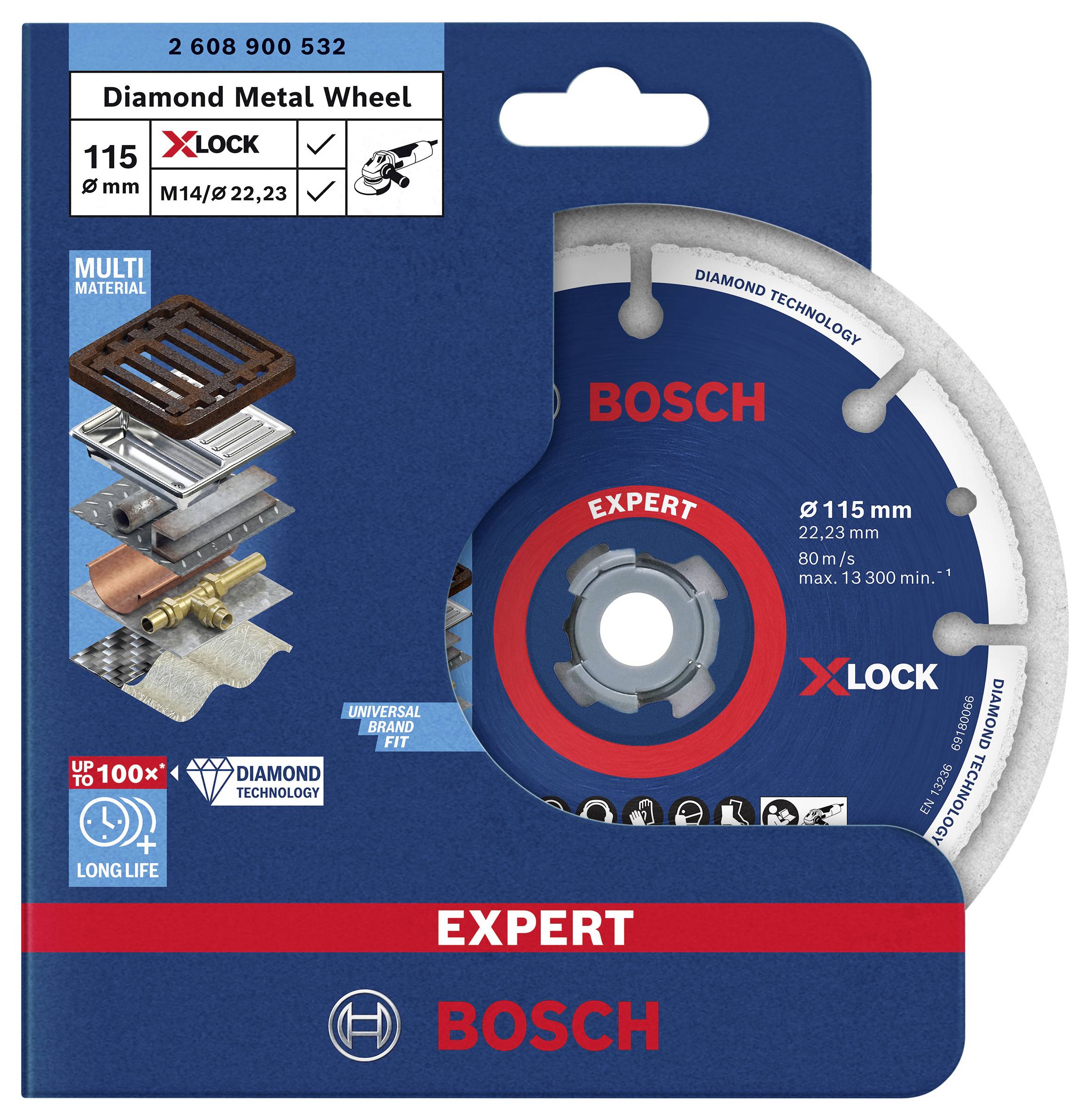 Bosch Expert Diamantschneidscheibe, geeignet für Metall, Größe 115 mm, X-Lock System, für verschiedene Materialien.