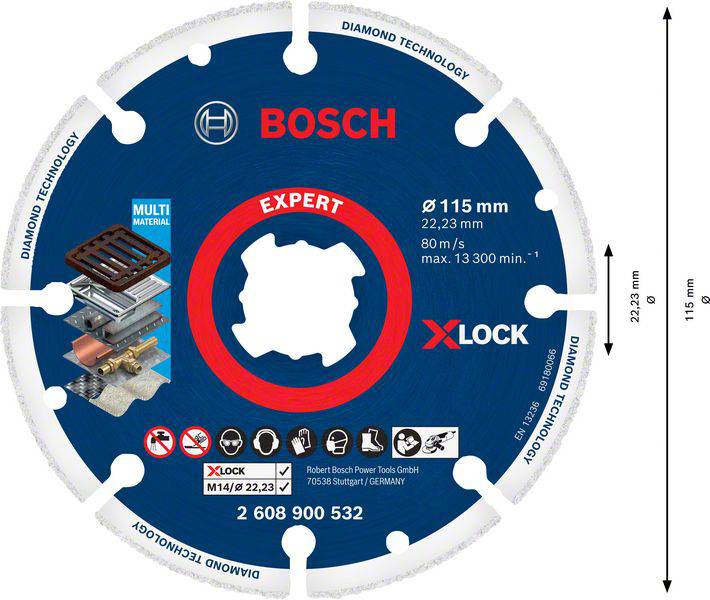 Kreissägeblatt von Bosch, Ø 115mm, für verschiedene Materialien geeignet, mit X-LOCK-System, max. 13.300 U/min.