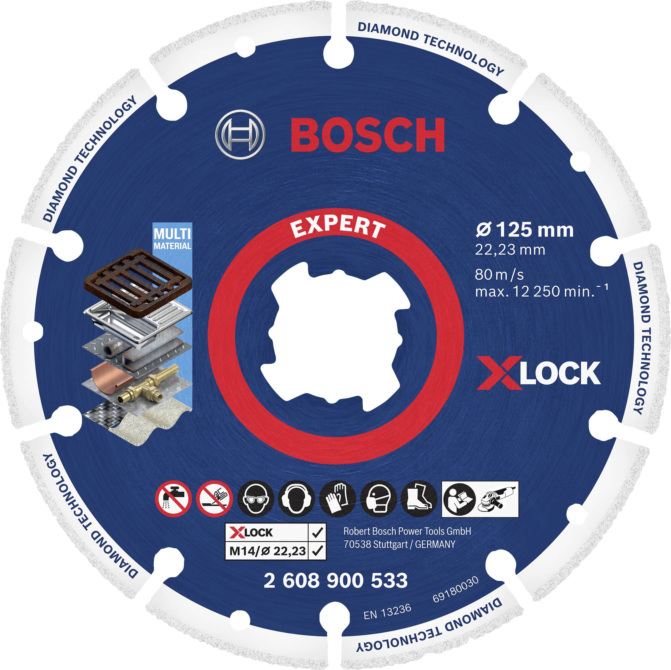 Bosch Expert X-Lock Diamantscheibe, Ø 125 mm, für Multi-Material; zeigt Schichten unterschiedlicher Materialien; Made in Germany.