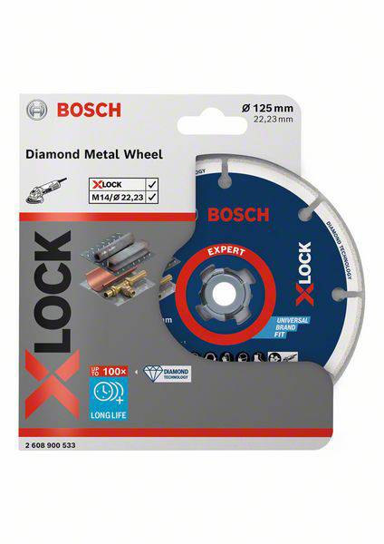 Verpackungsschild einer Bosch-Diamanttrennscheibe mit X-LOCK System für Metall, 125 mm Durchmesser. Enthält Abbildung der Scheibe.