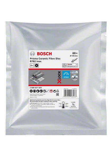 Bosch Prisma Keramische Faserscheibe R782 Inox, 60+, Ø 125 mm, X-LOCK, geeignet für High-Performance-Schneiden von Metalloberflächen.