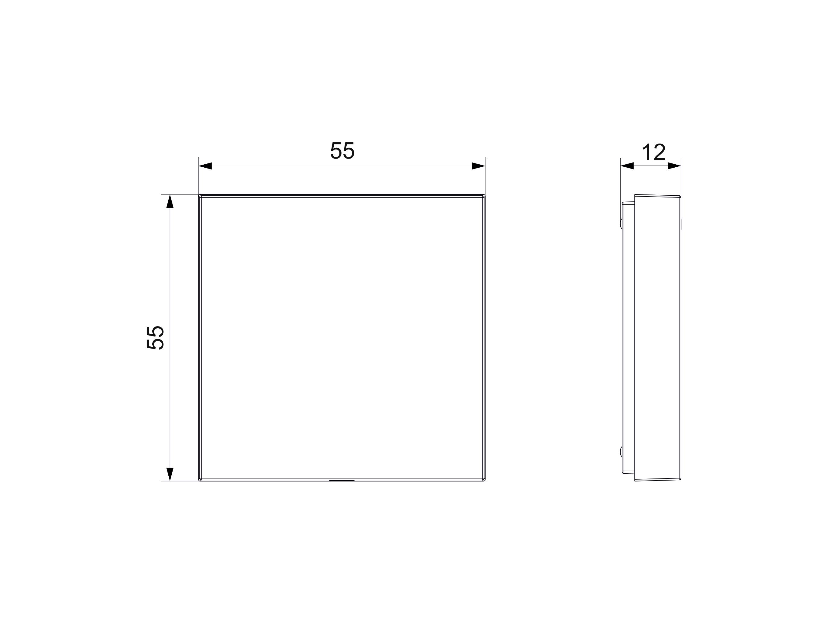 Abmessungszeichnung eines quadratischen Objekts: 55x55 mm in Länge und Breite, 12 mm in Tiefe. Seitenansicht und Draufsicht angezeigt.