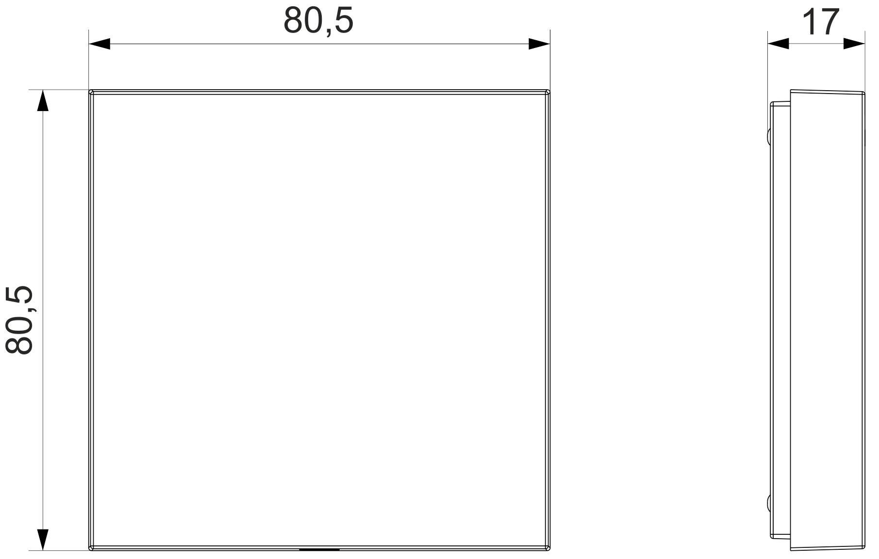 Technische Zeichnung eines quadratischen Objekts mit den Maßen 80,5 x 80,5 x 17 cm, Vorder- und Seitenansicht.