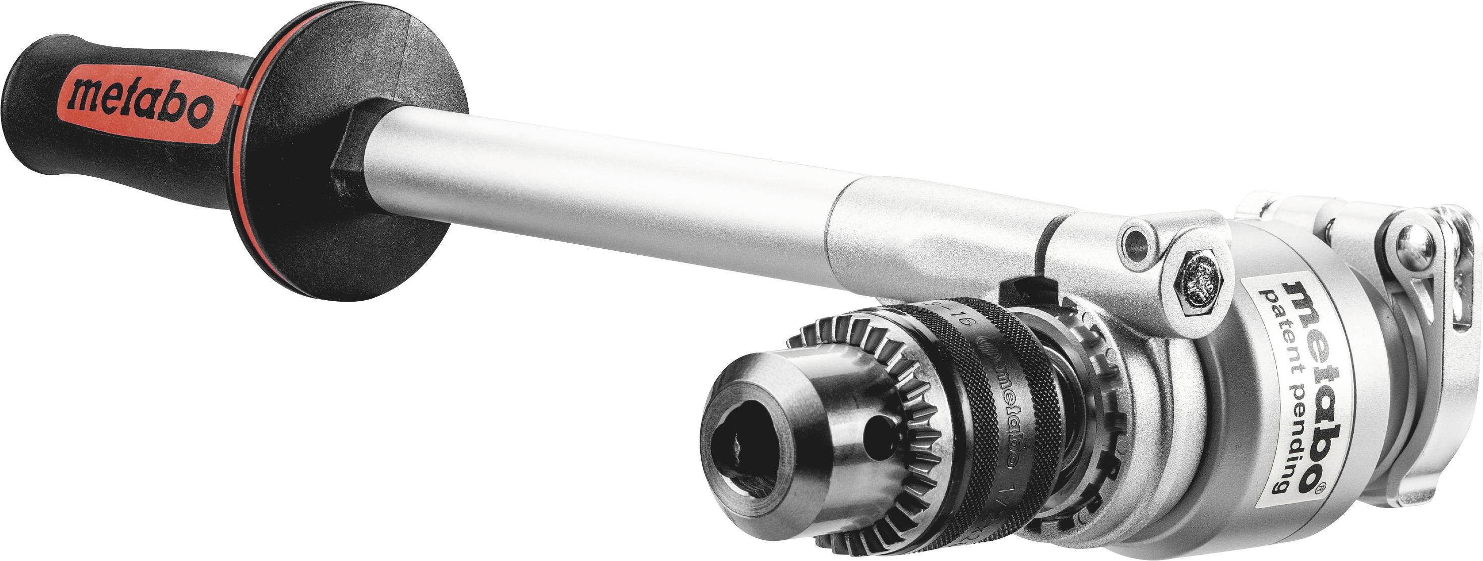 Ein Metabo-Winkelbohrvorsatz mit Handgriff, gestaltet für enge Räume. Enthält ein Bohrfutter zur Aufnahme verschiedener Bohrwerkzeuge.