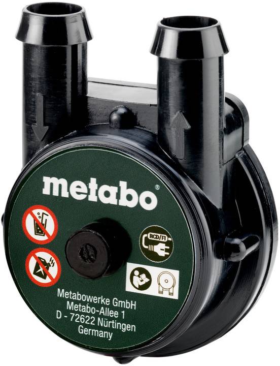 Schwarzes Metabo-Pumpen- oder Lüftergehäuse mit zwei vertikalen Ein-/Auslass-Anschlüssen und einem grünen Frontschild mit Sicherheitssymbolen und Unternehmensname.