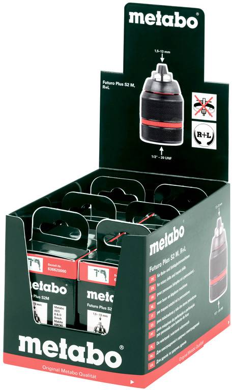 # Anzeigebox für Metabo-BohrfutterAnzeige einer Verkaufsbox für Metabo-Bohrfutter mit mehreren verpackten Futura Plus S2 M, R+L Produkten in einem Einzelhandels-Kartonständer.