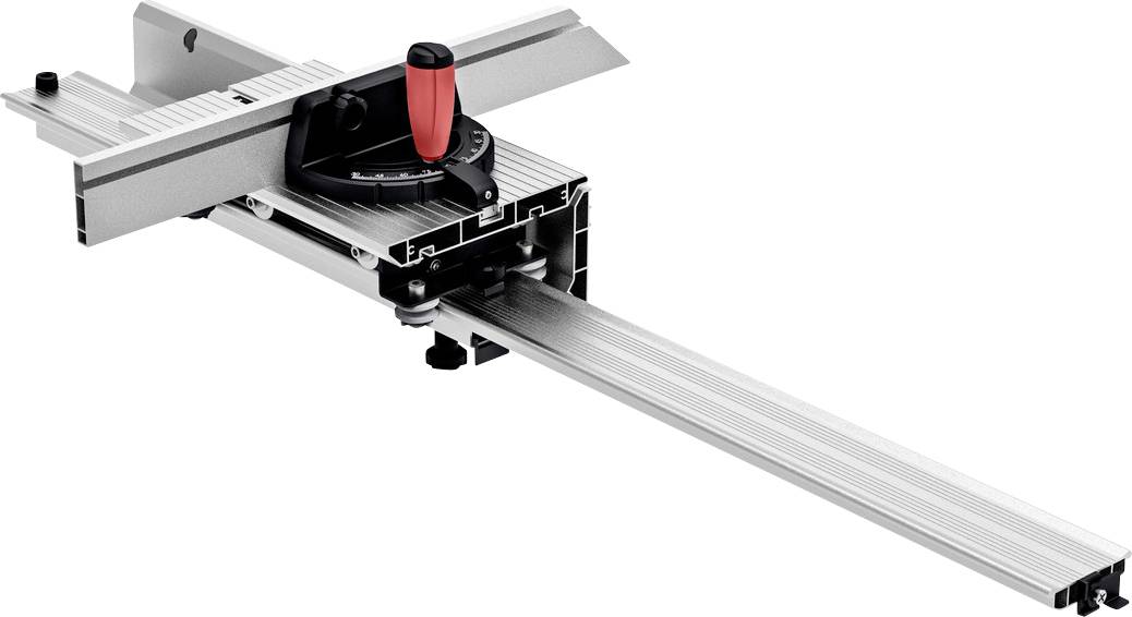 Tischkreissägen-Absperrbügel mit rotem Verstellgriff und langen Aluminium-Schienensystem für präzise Schnitte