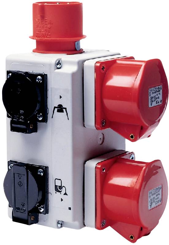 Elektrischer Steckdosenverteiler mit zwei schwarzen und zwei roten Anschlüssen, gekennzeichnete Symbole für verschiedene Verbindungsarten.