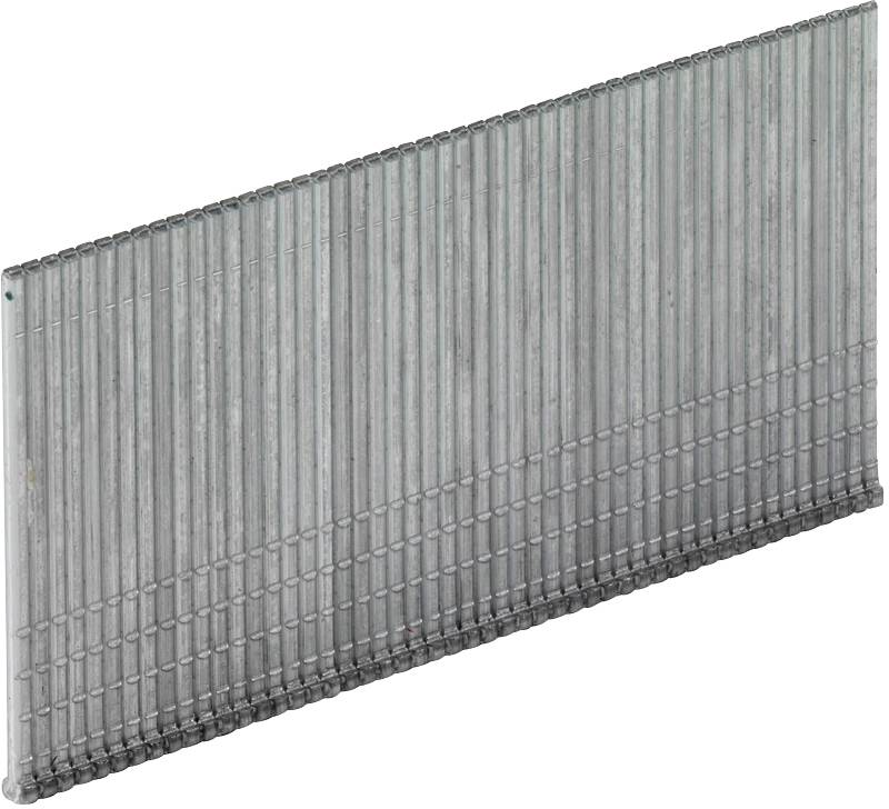 Eine Reihe von verzinkten Nägeln ist dicht nebeneinander angeordnet. Diese Nägel sind für den Gebrauch in pneumatischen Nagelpistolen vorgesehen.