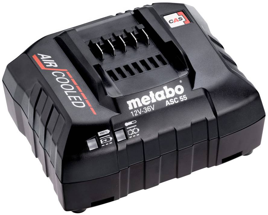 Schwarzes Metabo ASC 55-Ladegerät mit der Beschriftung 