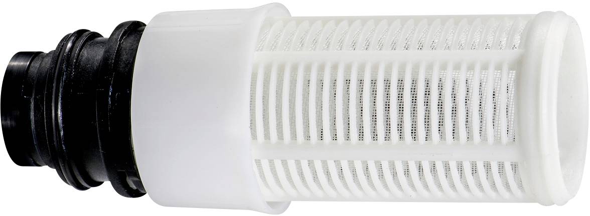 Ein weißer Kunststofffilter mit einem schwarzen Anschlussstück. Er wird zur Filtration in verschiedenen industriellen Anwendungen benutzt.