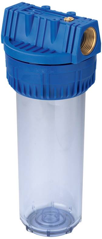 Blaugehäuse für Wasserfilter mit durchsichtige zylindrischer Filterpatrone und Messingeinlassanschluss oben.