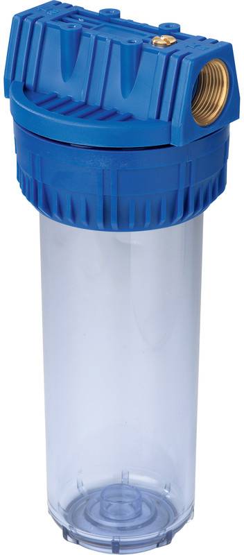 Blauweißes Wasserfiltergehäuse mit durchsichtigem zylindrischem Filterpatronengehäuse und Gewindeeinlass oben, isoliert auf weißem Hintergrund dargestellt.