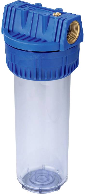Blauer Wasserfiltergehäuse aus Kunststoff mit durchsichtigem Behälter und Messinganschluss. Geeignet für Wasserreinigungssysteme.