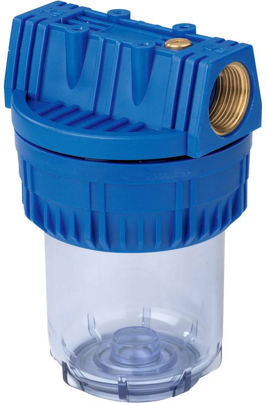 Blauer Wasserfiltergehäuse mit transparentem Unterteil und Messinggewinde-Anschluss, abgebildet auf weißem Hintergrund.