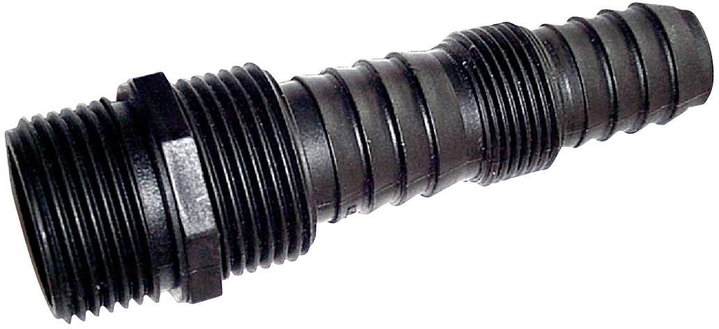 Schwarzer Plastikverbinder mit Gewinde und Rippen, verwendet für den Anschluss von Rohren oder Schläuchen in Installationen.