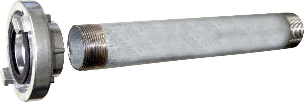 Ein Metallrohr mit Gewindelenden wird neben einem kreisförmigen Flansch oder Ventilverbindungsstück gezeigt, was auf Sanitär- oder Industriehardware hindeutet.