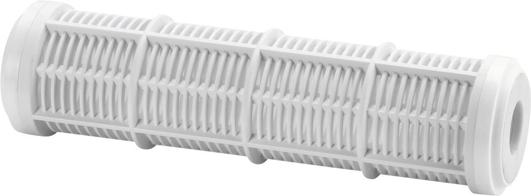 Weißer zylindrischer Wasserfilter-Einsatz mit schlitzförmigem Maschengehäuse und Endkappen, gezeigt auf einem schlichten Hintergrund.