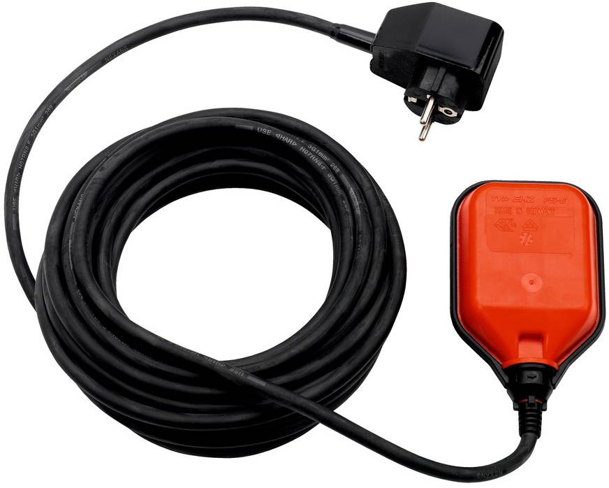 Schwarzes Verlängerungskabel mit Stecker und orangem Inline-Schalter auf weißem Hintergrund.