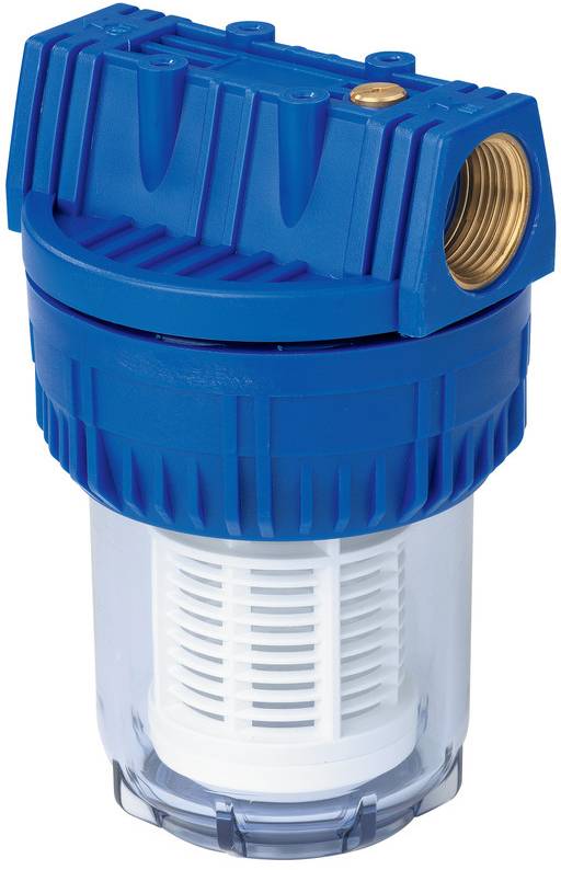 Blaue und klare Inline-Wasserfilterpatrone mit Messinggewinde-Seiteneinlass und sichtbarem weißem Filterelement in transparentem Gehäuse.