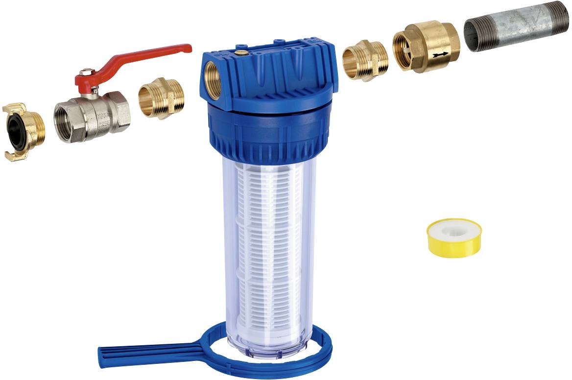 Ein Wasserfilterset mit blauem Gehäuse, umliegenden Messinganschlüssen und einem roten Hebel; Dichtband rechts.