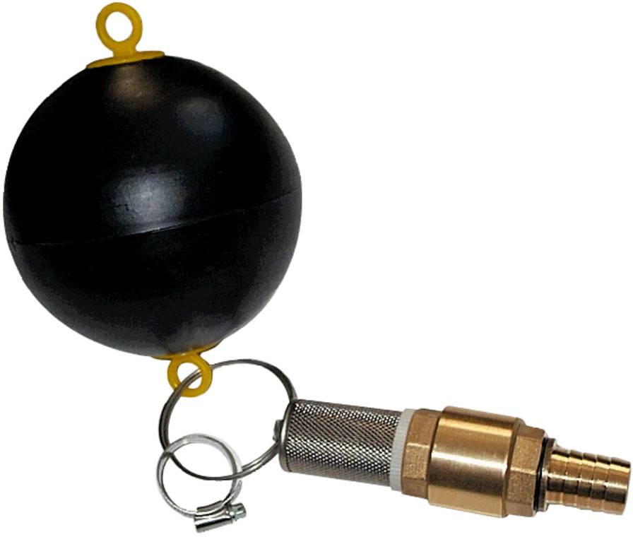 Schwarzer kugelförmiger Schwimmer mit Schleife oben, befestigt an einem Messingrohrverbinder und Metallschlüsselring auf weißem Hintergrund.
