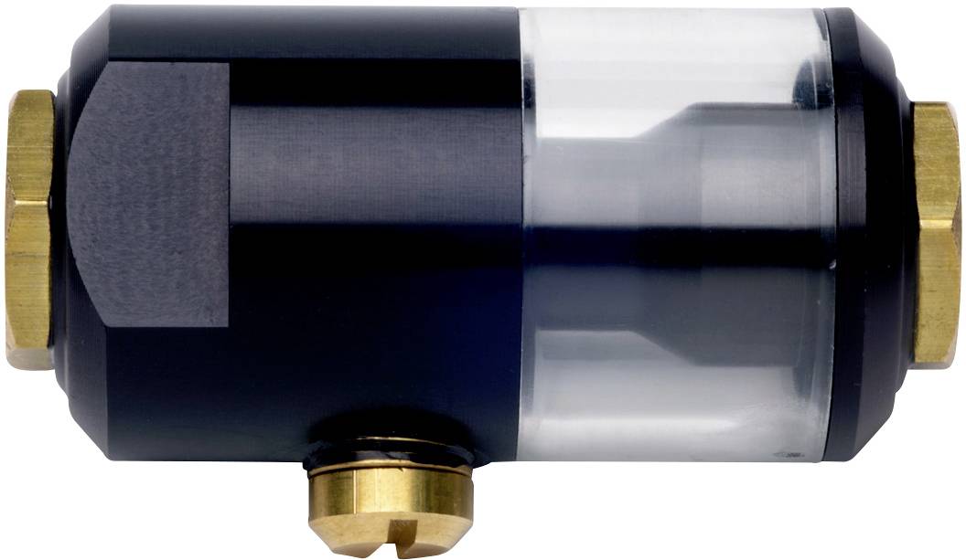 Ein schwarzes Metallzylinder-Bauteil mit einem durchsichtigen Abschnitt und goldenen Details, möglicherweise ein technisches Gerät.