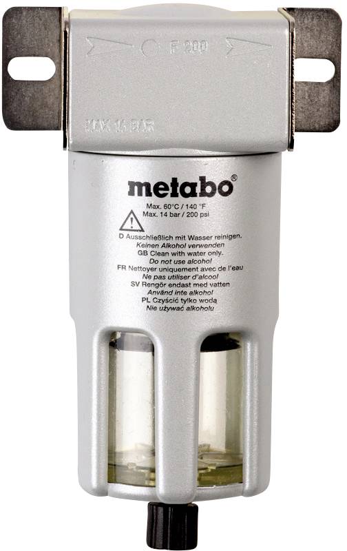 Luftfilter von Metabo mit Druckanzeigen und Wasserabscheider, geeignet für maximal 14 bar. Reinigungshinweis vorhanden.