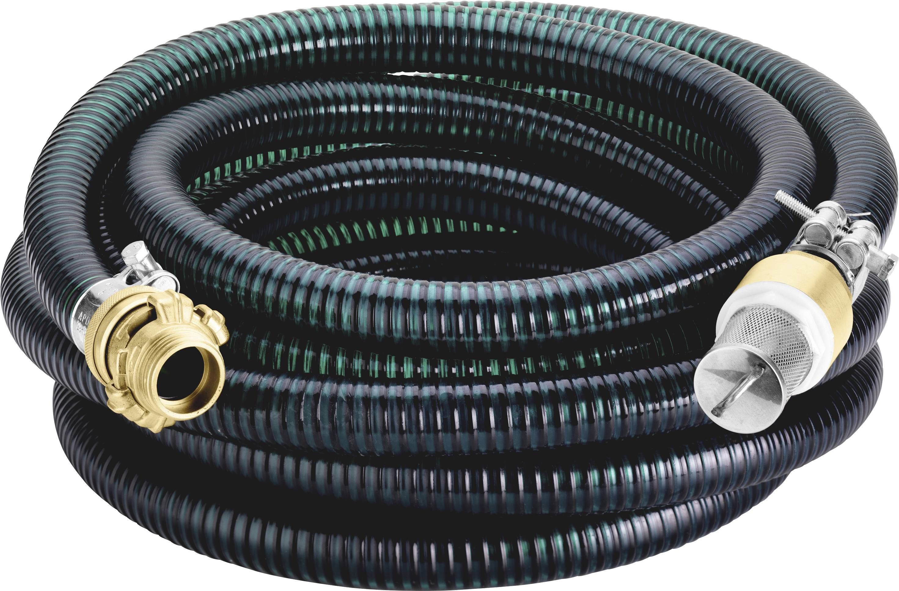 Schwarzer Spiralschlauch mit transparenten Streifen, ausgestattet mit Metallverbindungen an beiden Enden, einer mit einem Ventil.