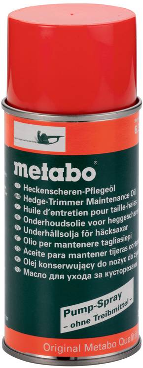 Metabo Pump-Sprühdose für Heckenscheren und Schneidewerkzeuge, gekennzeichnet mit „Pump-Spray ohne Treibmittel