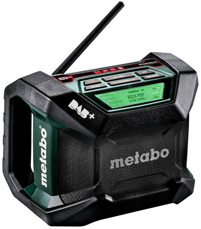 Tragbares Metabo Baustellenradio mit Antenne, digitaler Anzeige und robustem schwarzgrünem Gehäuse.