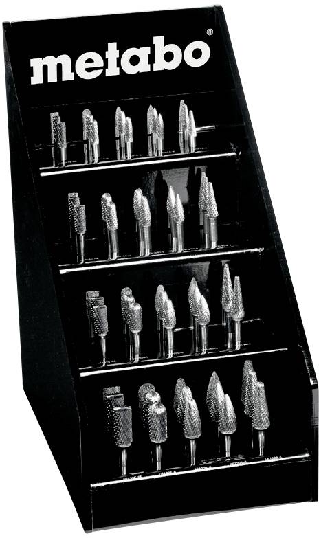 'Metabo' Frässtifte Ausstellungsständer mit verschiedenen metallischen Bohrköpfen in unterschiedlichen Formen und Größen.