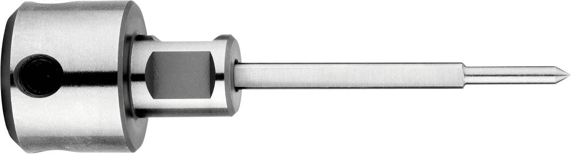Metallischer Werkzeughalter mit einem zylindrischen Spannfutter und sechskantigem Adapter, der einen langen konischen Bohrer- oder Körnerbit hält, der sich nach rechts erstreckt.
