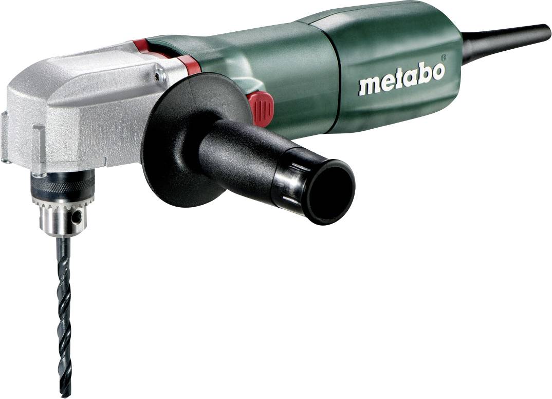 Metabo Elektrobohrmaschine im rechten Winkel mit Seitengriff und angebrachtem Bohrer auf weißem Hintergrund.