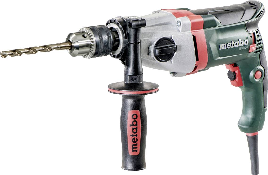 Elektroschrauber Metabo mit Seithengriff und Bohrer, auf weißem Hintergrund dargestellt.