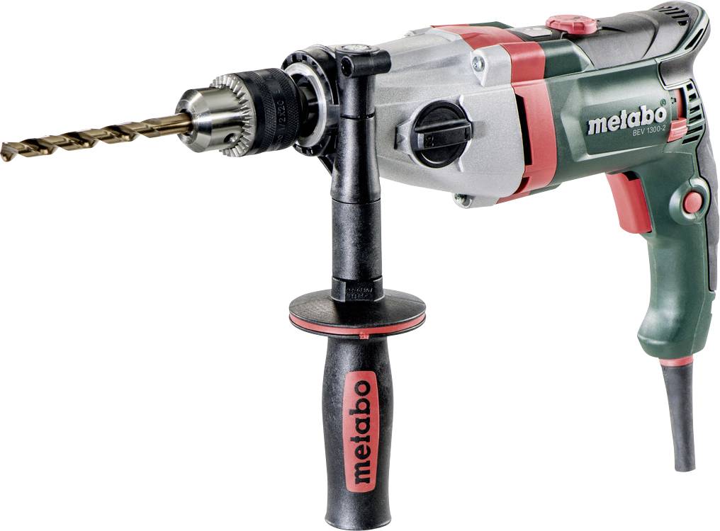 Elektrobohrmaschine von Metabo mit Seitenschlüssel und Spiralbohrer auf weißem Hintergrund.