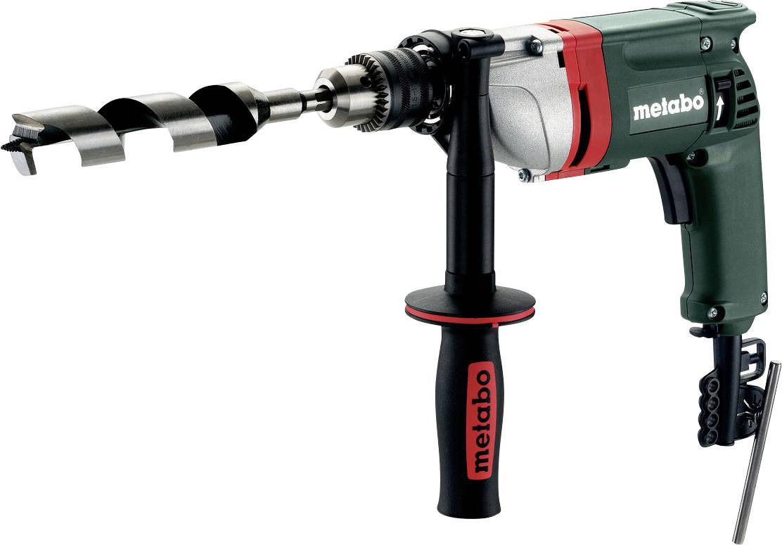 Metabo Elektrobohrmaschine mit Kabel, großem Schneckenbohrer und Seitegriff, auf weißem Hintergrund dargestellt.