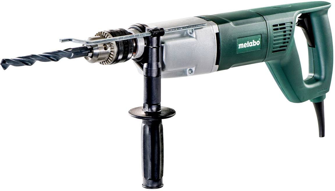 Elektrische Bohrmaschine mit grünem Griff, Metallbohrkopf, und schwarzem Hilfsgriff, bereit für den Einsatz zum Bohren.