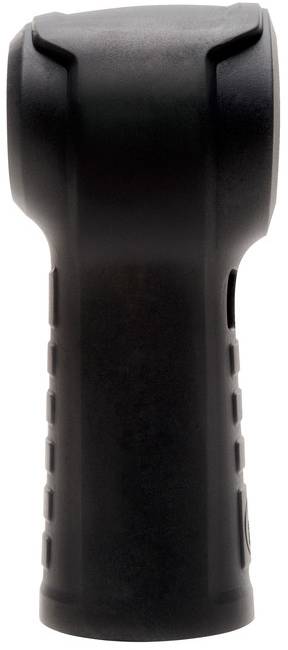Schwarze Taschenlampe oder tragbares Gerät mit breitem Kopf und strukturiertem Griff, isoliert auf weißem Hintergrund dargestellt