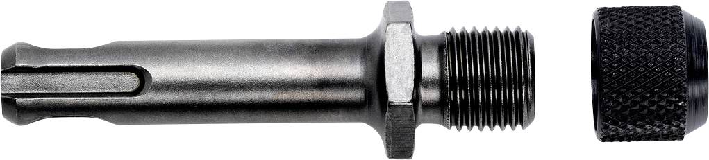 Metallischer Gewindeschaft mit Sechskantmutter und separater Rändelmutter auf weißem Hintergrund, wahrscheinlich ein Maschinenteil oder Verbindungselement.