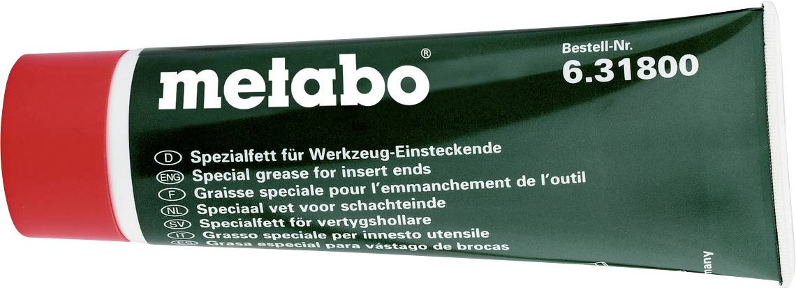 Metabo-Spezialfett für Werkzeugaufnahmen, in einer grün-rot gestreiften Tube mit der Bezeichnung 'Bestell-Nr. 6.31800'.