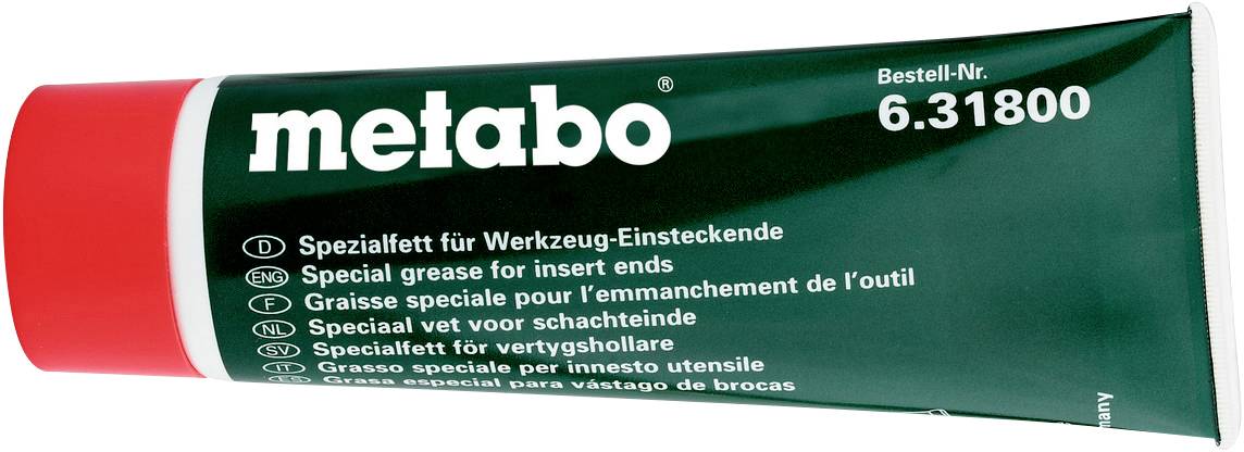 Eine Tube Spezialfett der Marke 'metabo', Bestell-Nr. 6.31800. Beschriftet als geeignet für Werkzeug-Einsteckende.