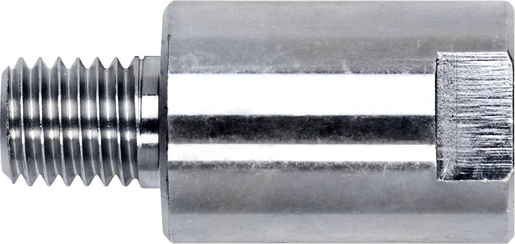 Metallverbindungsstück mit Gewinde und sechskantiger Endfläche, in Nahaufnahme vor weißem Hintergrund dargestellt.