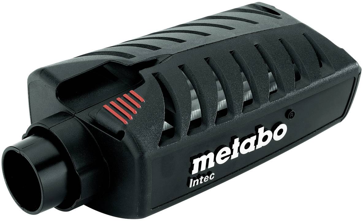 Schwarze Metabo Intec Elektrowerkzeug-Absauganlage mit vorderer Schlauchöffnung und roten Belüftungsschlitzen