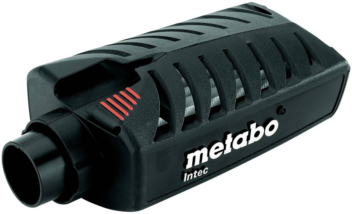 Ein schwarzer Staubabscheider von Metabo mit der Aufschrift 'metabo Intec', geeignet zur Befestigung an Elektrowerkzeugen zur Staubreduktion.