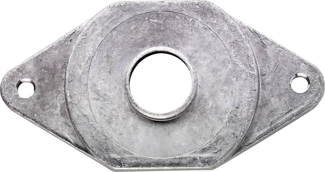 Montageflansch aus Metall mit einem großen zentralen Loch und zwei kleineren seitlichen Schraubenlöchern, abgebildet auf weißem Hintergrund.