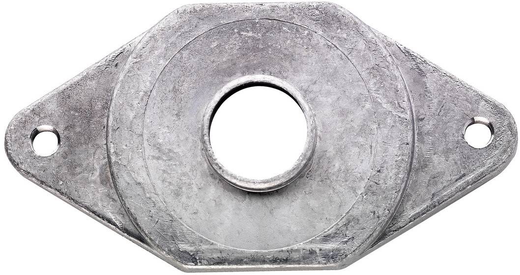 Graue Metallmontageflansch mit einem großen mittleren Loch und zwei kleineren seitlichen Schraubenlöchern