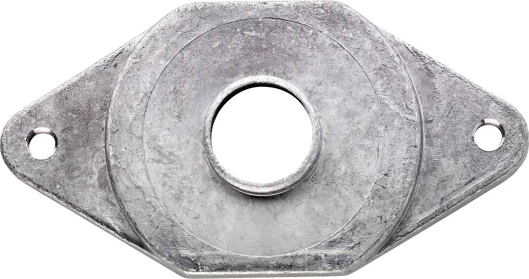 Metallmontageflange mit großem Mittelloch und zwei kleineren Schraubenlöchern auf jeder Seite, dargestellt vor weißem Hintergrund.